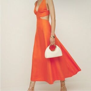 Reformation | Linen Orange Plunge Midi Cocktail Dress